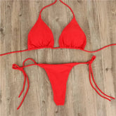 Red string halter neck bikini with triangle top and tie sides in trendy two piece swimsuit